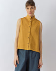 Front view of Kantan Jersey Waistcoat in brown sugar by Yaccomaricard, pintucked cotton jersey with stand‑up collar.