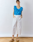 Full product shot of Hane Vest in hana blue by Yaccomaricard London, relaxed fit cotton vest.