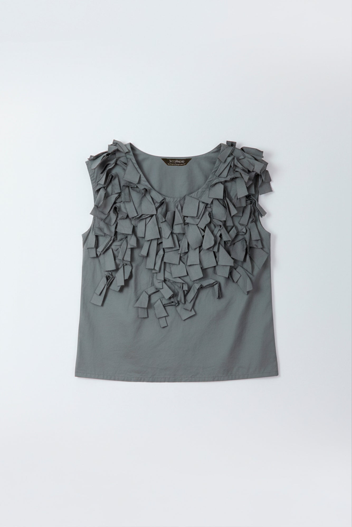 Flat lay of Yaccomaricard Hane Vest in Metal grey showing the intricate cotton ribbon design.