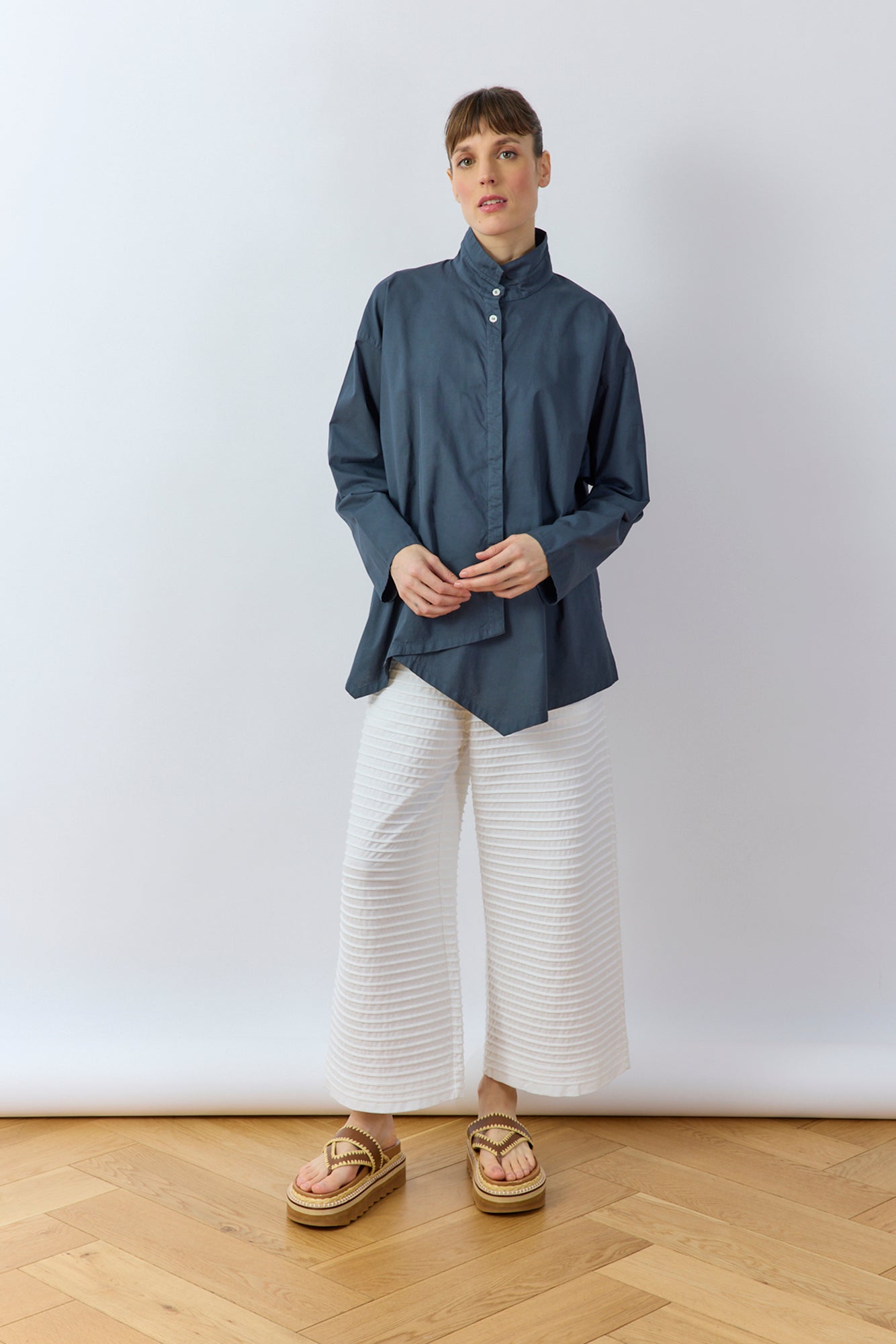 Model wearing Yacco Maricard Ashin Shirt in Stone Blue with relax trousers – Modern Japanese styling.