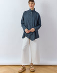 Model wearing Yacco Maricard Ashin Shirt in Stone Blue with relax trousers – Modern Japanese styling.