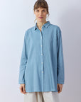 Yaccomaricard pintucked Cotton Jersey + Lawn A-line Overshirt in Smoky Blue with Pintucks running vertically on the lawn front.