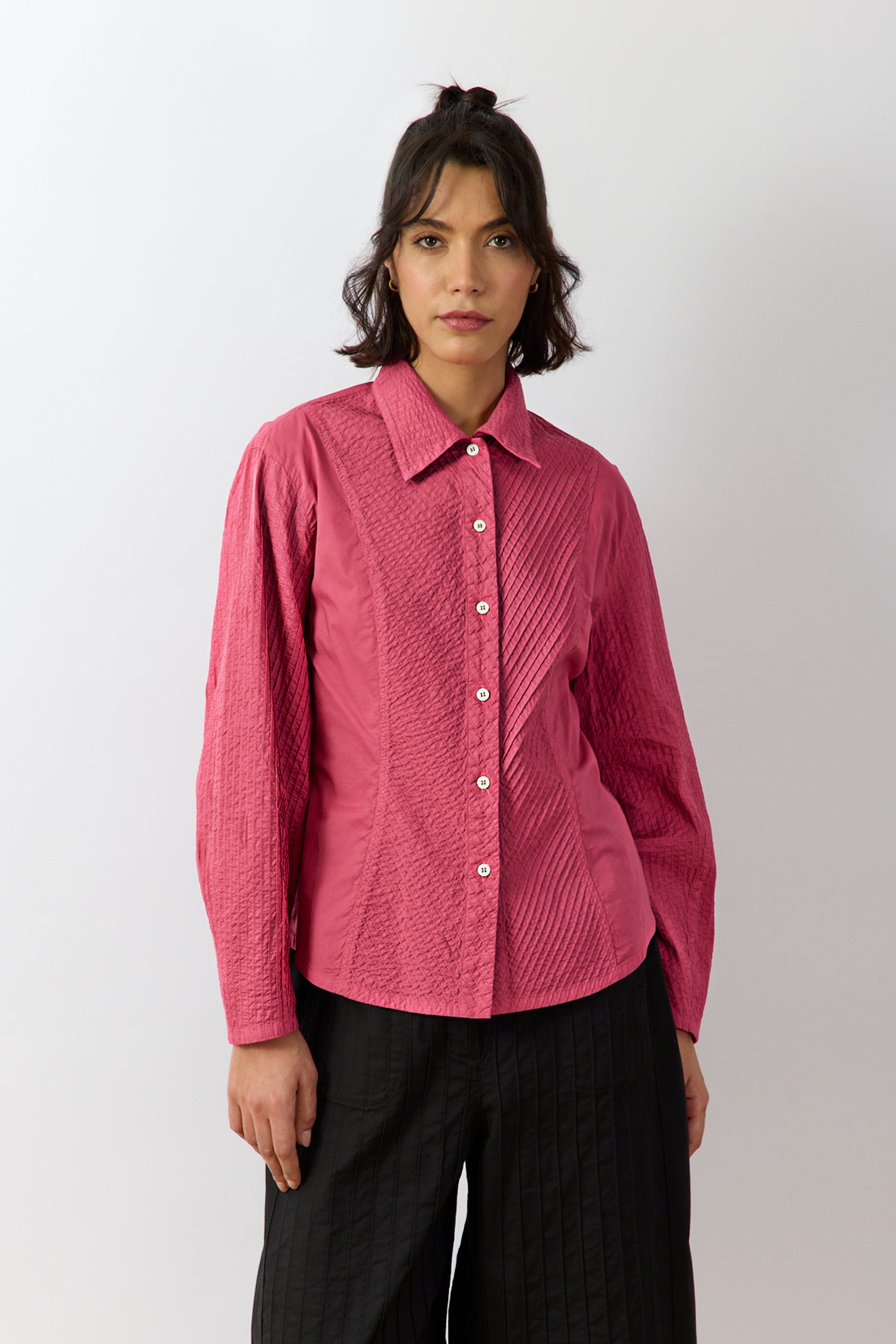 Yacco Maricard Wanda Shirt in Dust Rose – Japanese designer cotton lawn pintuck shirt.