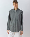 Front view of Nikku Shirt by Yaccomaricard in metal grey, shirt with concealed placket and relaxed fit.