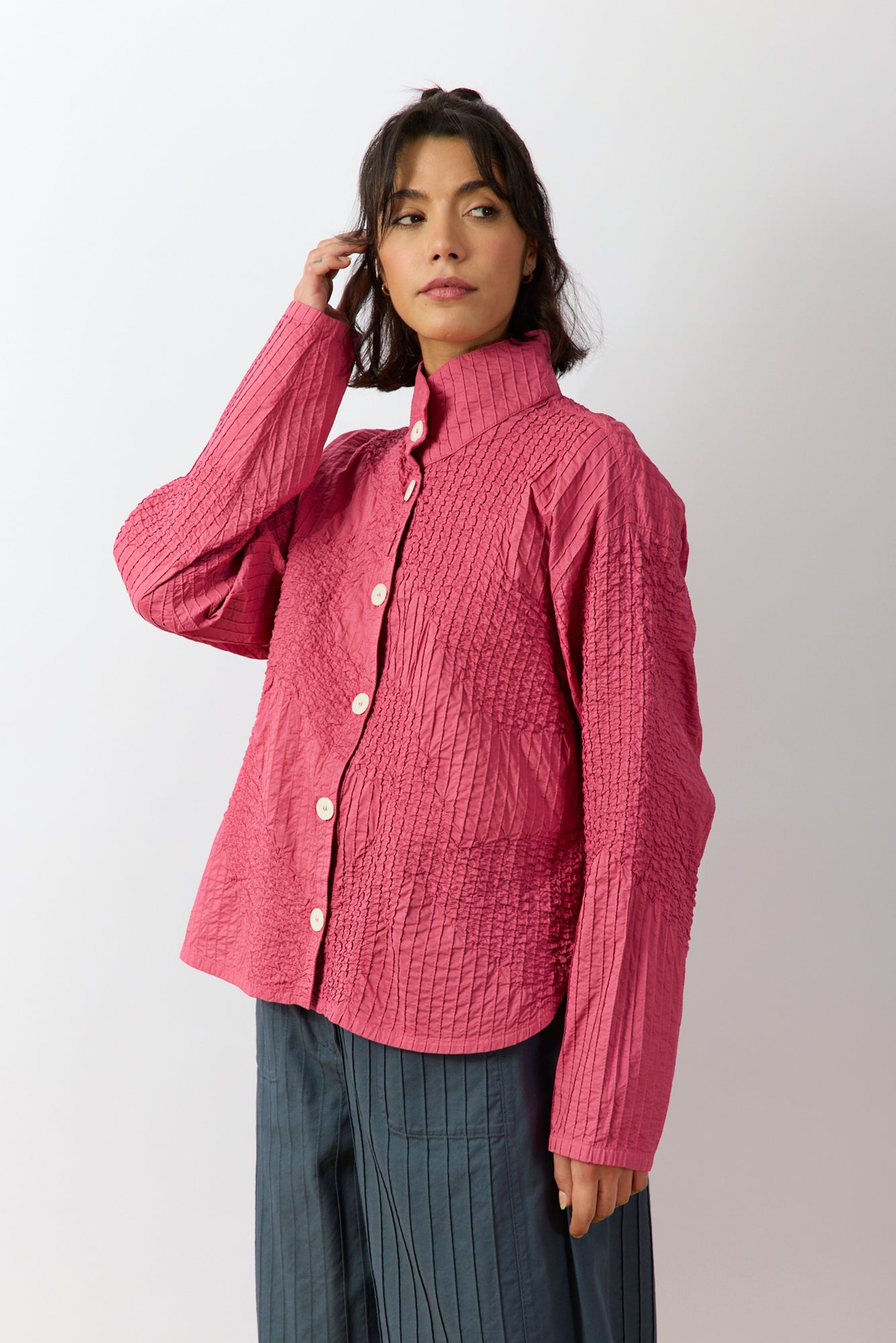 Shibo Jacket in Dust Rose – relaxed cotton jacket with gathered pintuck texture.