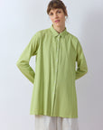 Yaccomaricard pintucked Cotton Jersey + Lawn A-line Overshirt in Pale Lime.