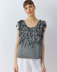 Front view of Yaccomaricard Hane Vest in metal grey with sculptural cotton lawn ribbon texture.
