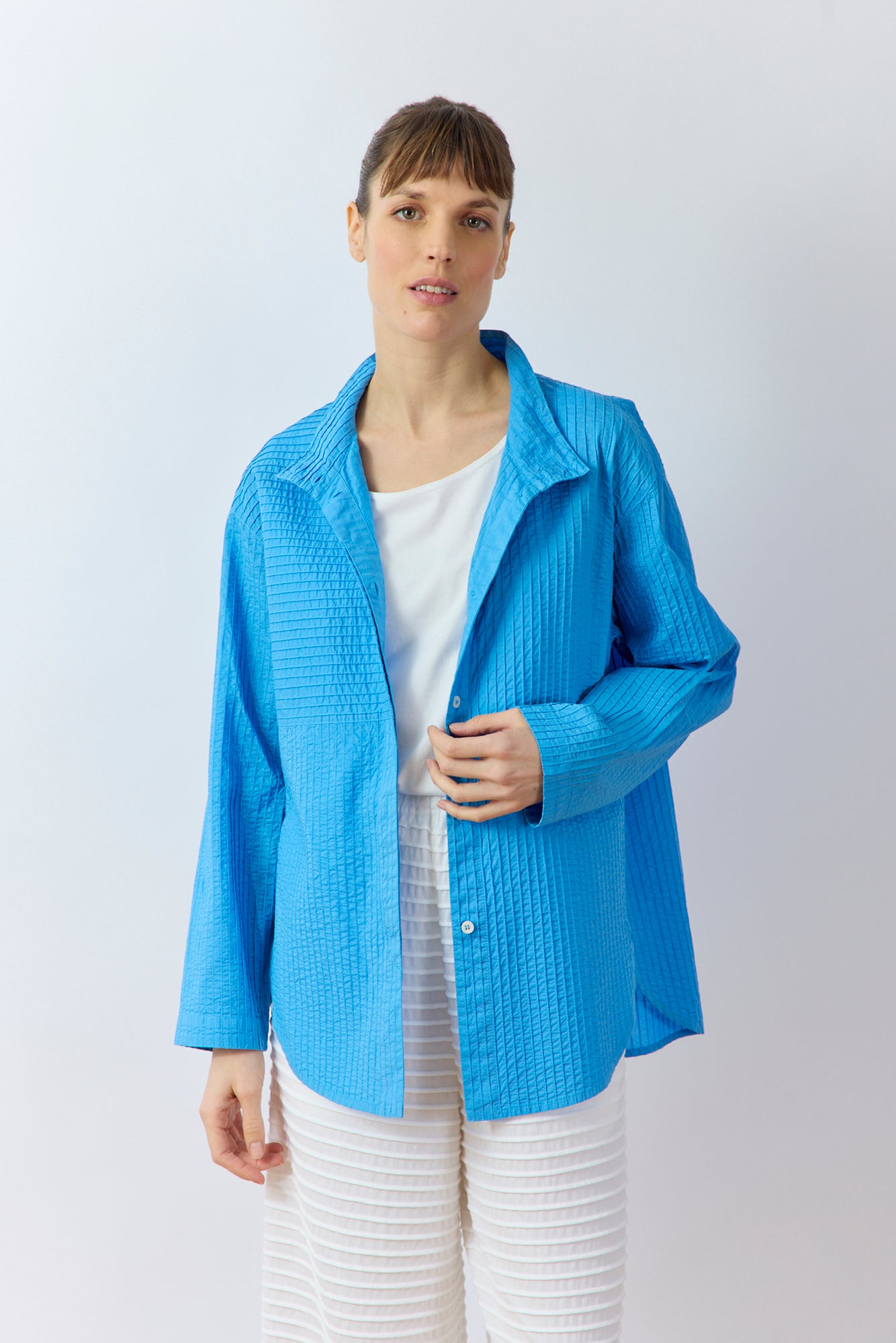 Yaccomaricard Nikku Shirt in Hana Blue – Japanese designer cotton pintuck shirt.