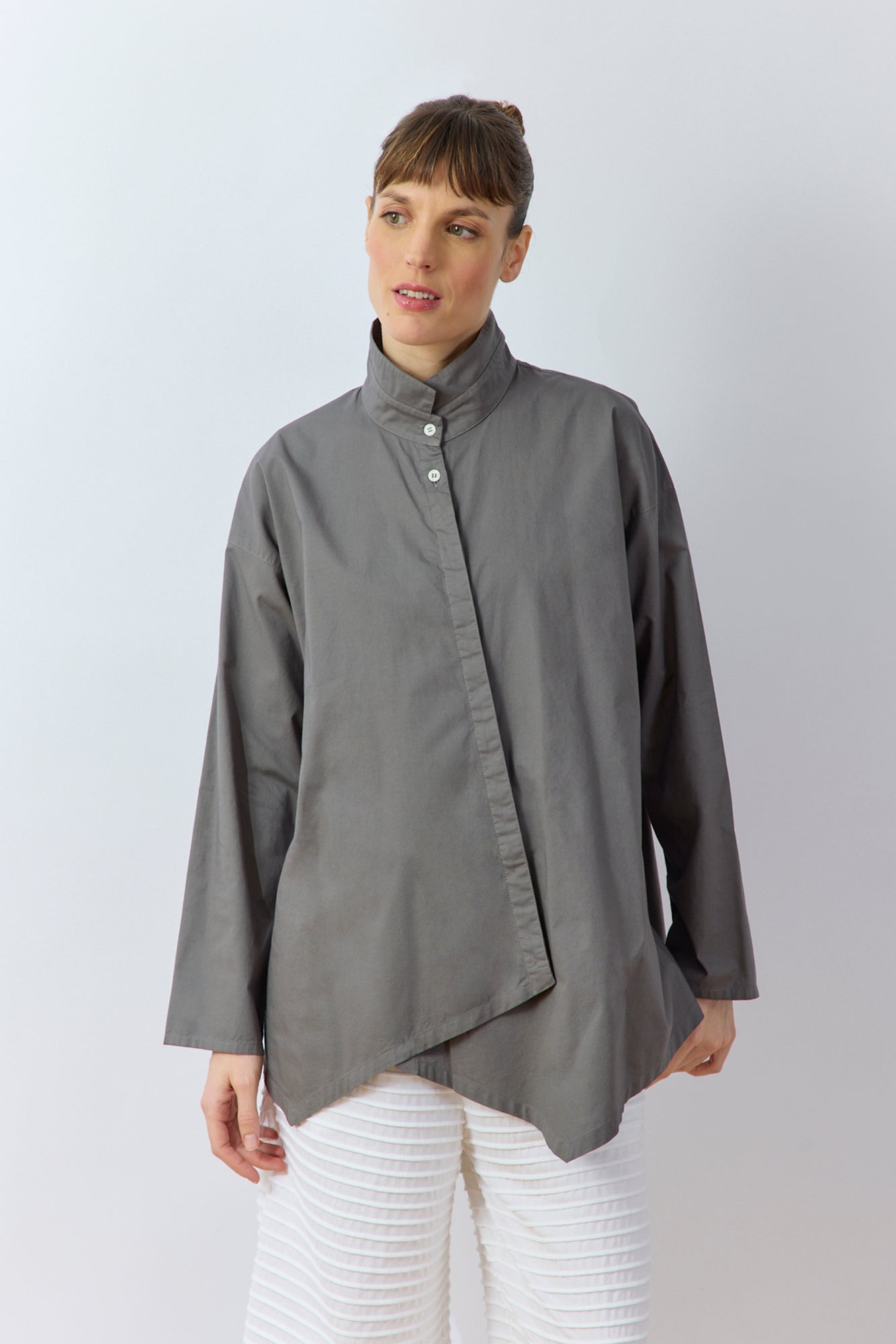 Yacco Maricard Ashin Shirt in ash– Japanese designer asymmetric cotton shirt.