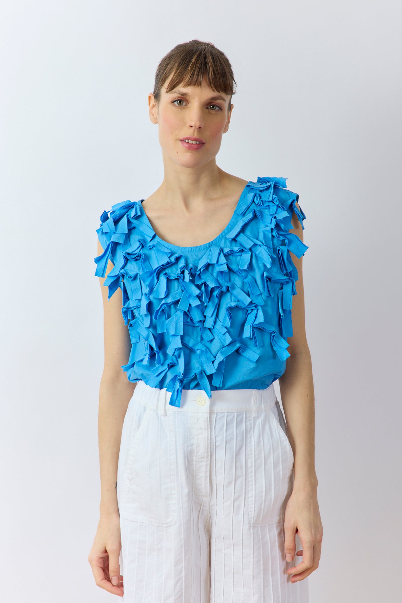 Yaccomaricard Hane Vest in Hana Blue – Japanese designer cotton lawn off-body vest.