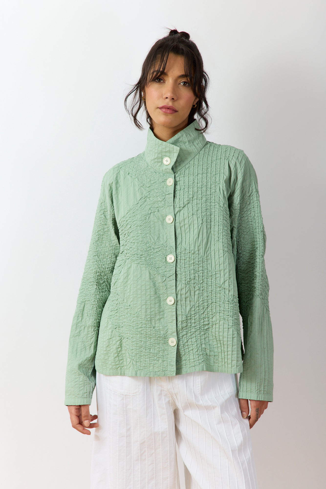 Shibo Jacket in Powder Green – lightweight pintuck jacket front view.