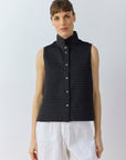 Front view of Kantan Jersey Waistcoat in black by Yaccomaricard, pintucked cotton jersey with stand‑up collar.