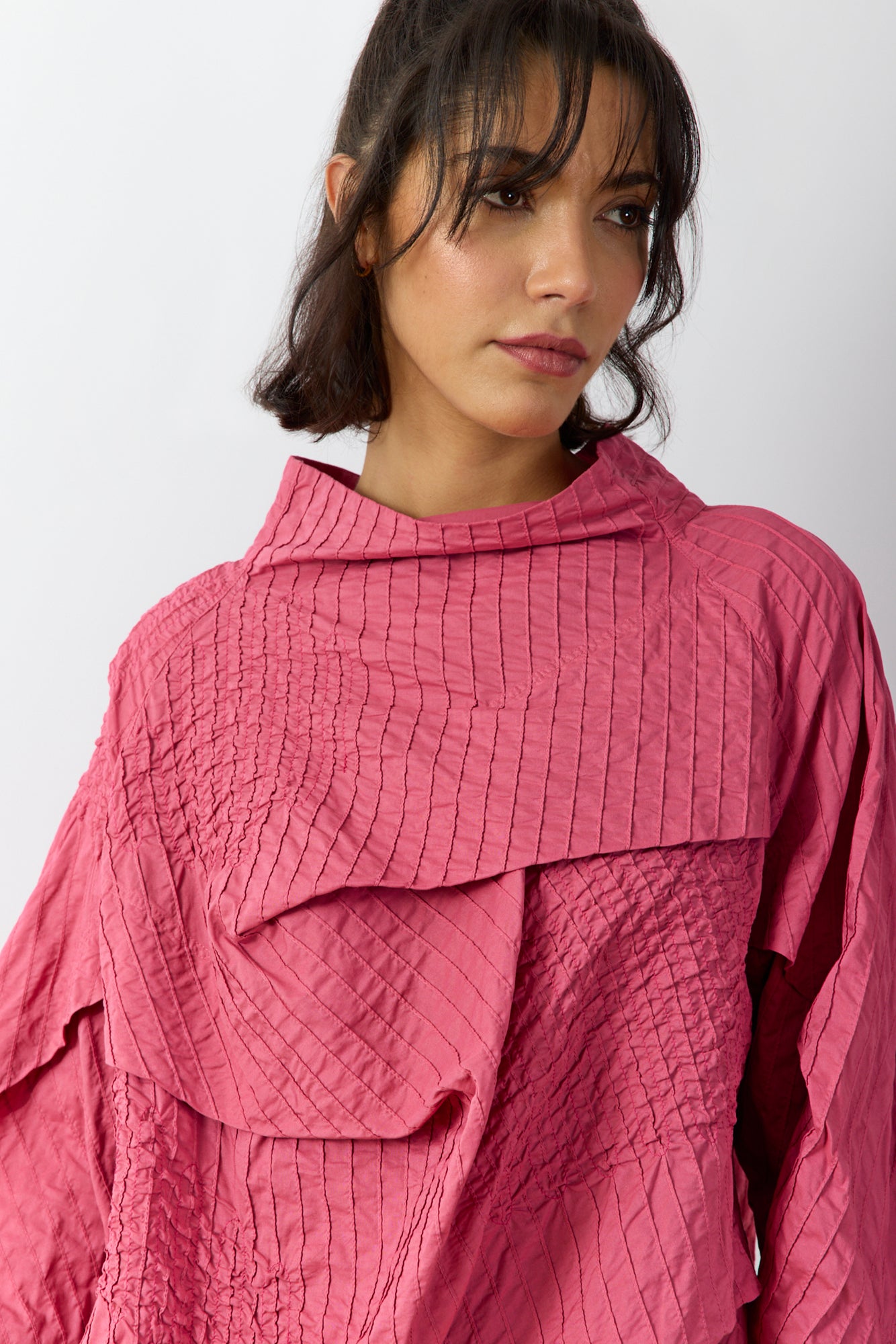Close up of the Shibo Top by Yaccomaricard, in Dust Rose, crafted from lightweight cotton lawn.