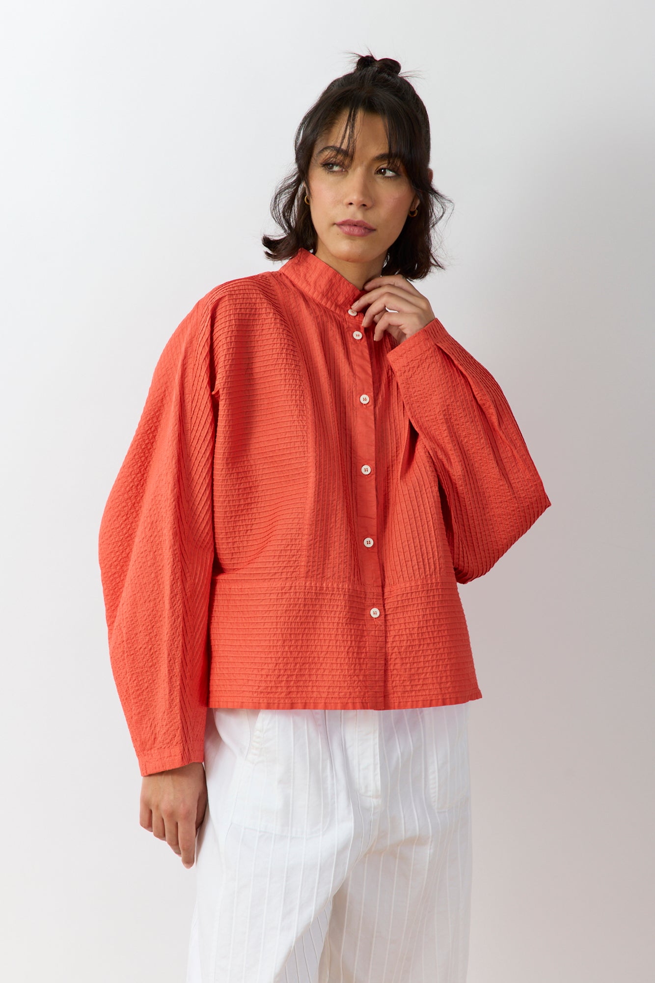 Front view of Bibbu Shirt in poppy red by Yaccomaricard London, oversized cotton lawn shirt with pintuck detailing