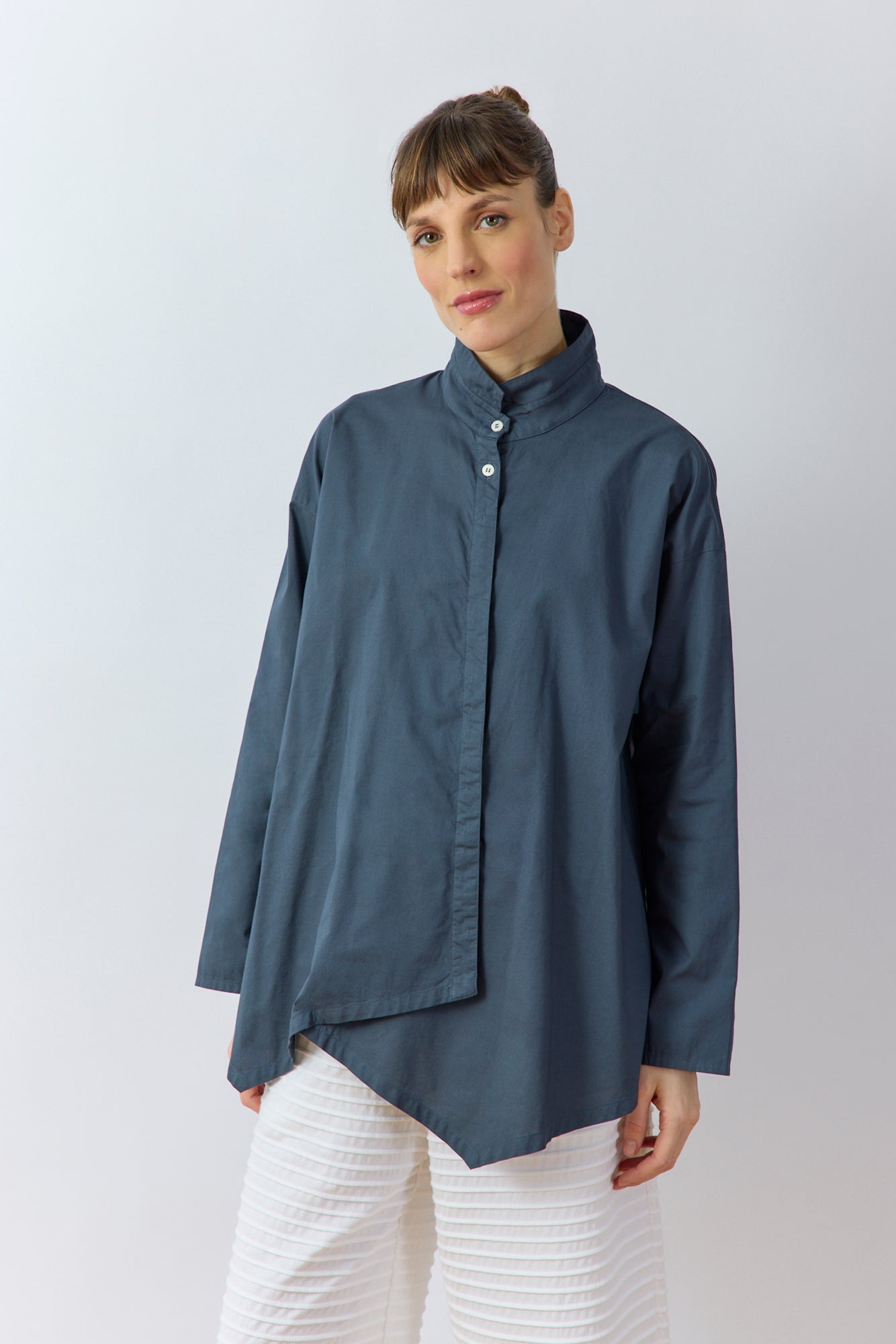 Yaccomaricard Ashin Shirt in Stone Blue – Japanese designer asymmetric cotton shirt.