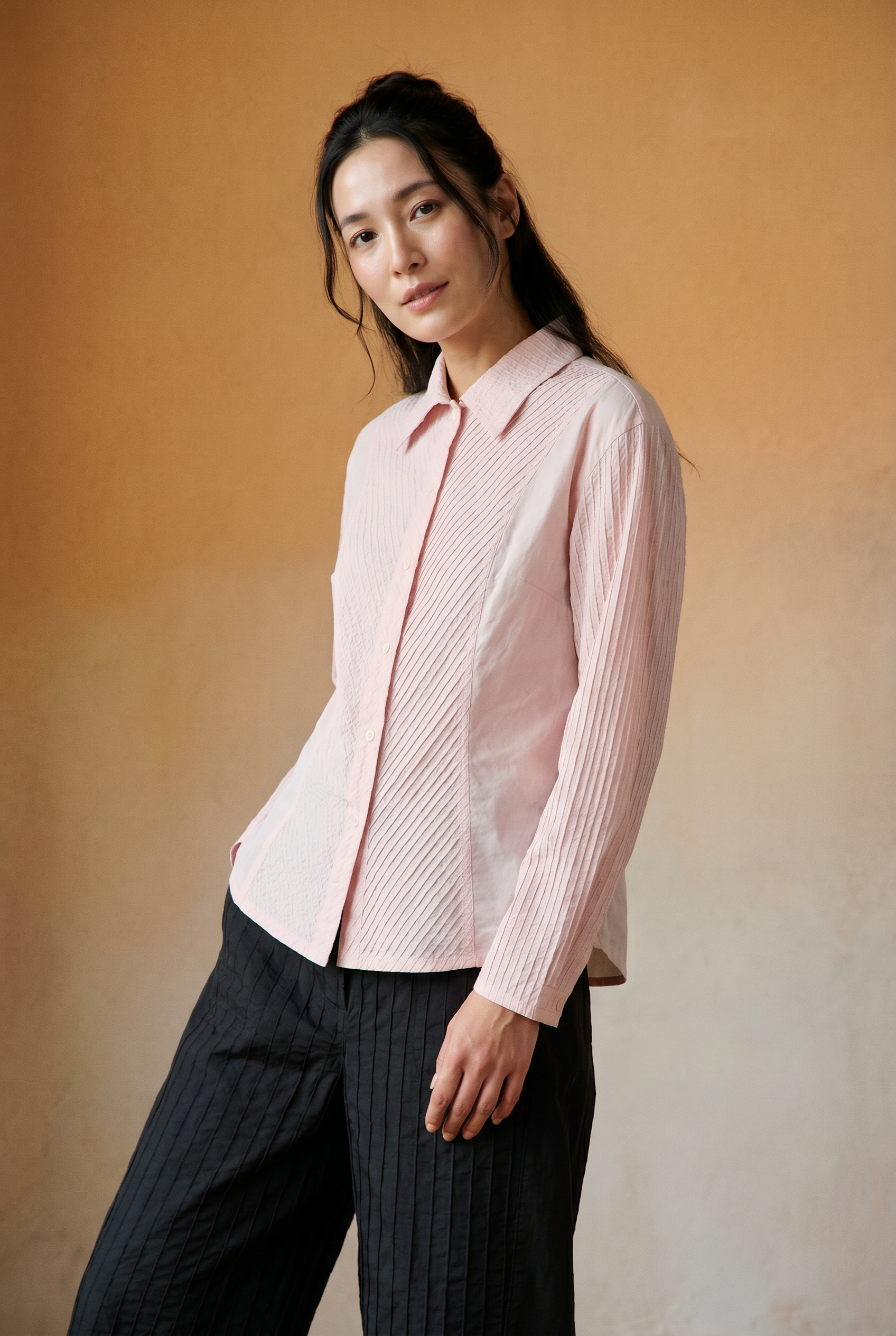 YaccoMaricard Wanda Shirt in Sakura – Japanese designer cotton lawn pintuck shirt.